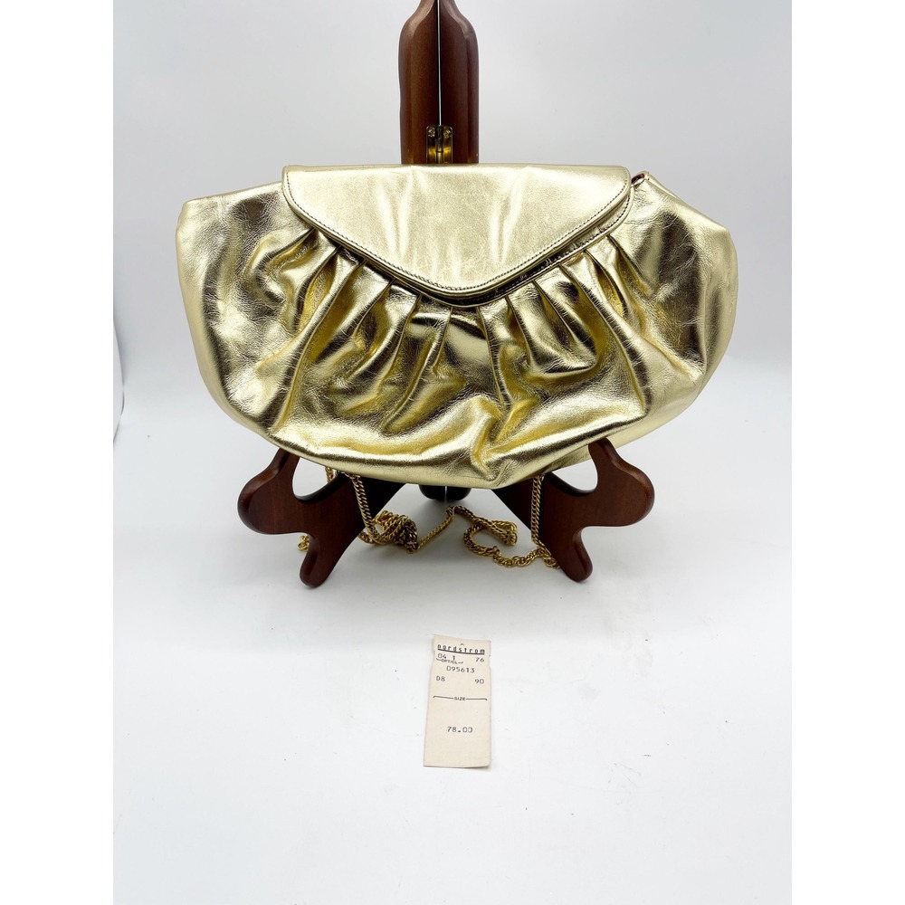 Vtg Gold Leather Dumpling Bag chain strap clutch Nordstrom 80's Hollywood glam - Picture 2 of 4